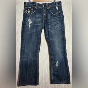 Classic Distressed Wide Leg Jeans in Dark Blue
